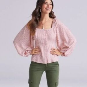 CAbi Red and White Striped Puff Long Sleeve Smocked Back Top / Blouse Size Small